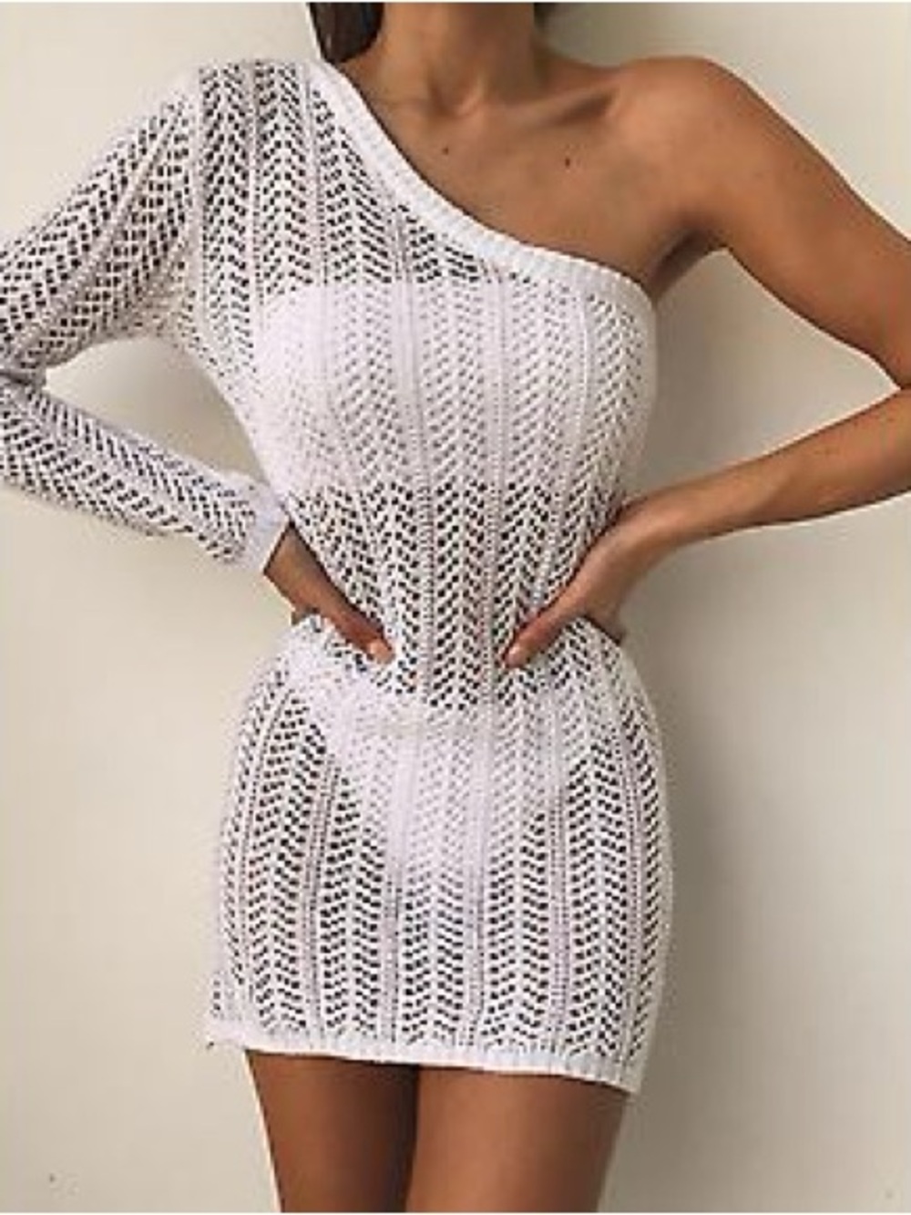 Tiger Mist One Shoulder Open Knit Swim Cover Mini Dress Size Medium